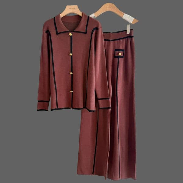 Elegant Knitted TwoPiece Set for Women Commute Fashionable Collared Ensemble Autumn Winter Polyester Fiber Silk Cotton 251023BJ