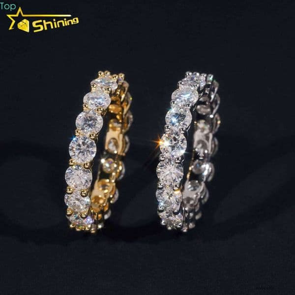 Stocks Solid Sterling Sier Gold Plated Hip Hop Jewelry Fully Iced 4mm Dia Moissanite Band Ring Eternity Rings