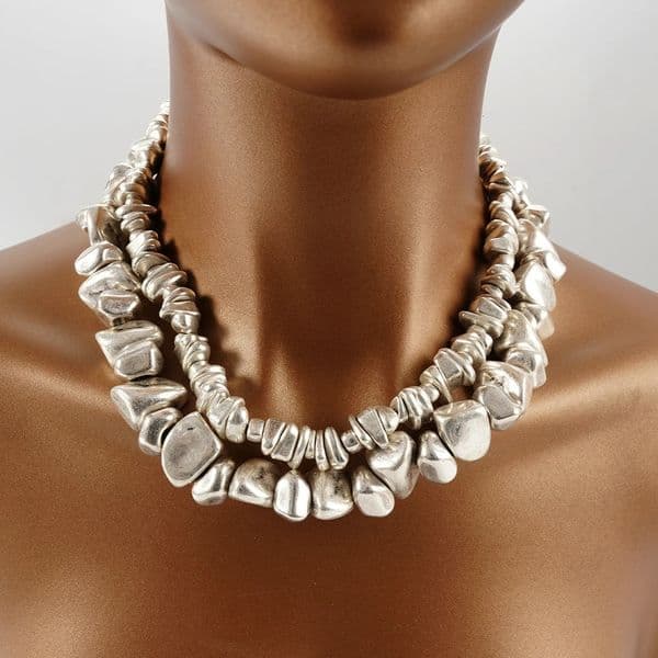 Antique Silver Couples DoubleLayer Necklace Set Irregular Heavy Durable Jewelry for Everyday Travel Fashion Accessory 251016