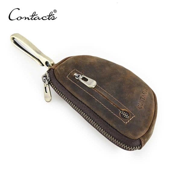 CONTACTS Genuine Leather Key Wallets for Men Vintage AirTag Slot Key Chian Keyrings Crazy Horse Leather Key Bag Coin Purses Z251023