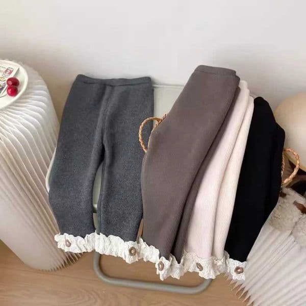 Korean Style Leggings for Girls Fleece Lined Winter Warm Ruffle Trim Stretchy Toddler SkinFriendly PantsT251024