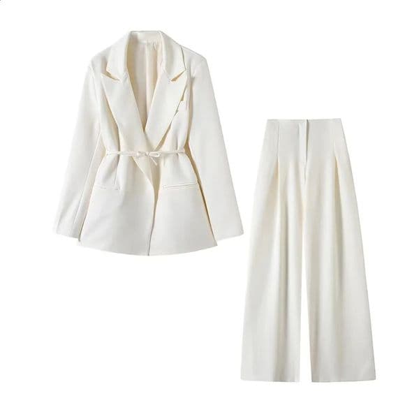 womens versatile belt decoration long sleeved suit jacket fashionable high waisted pleated pants casual 251023BJ