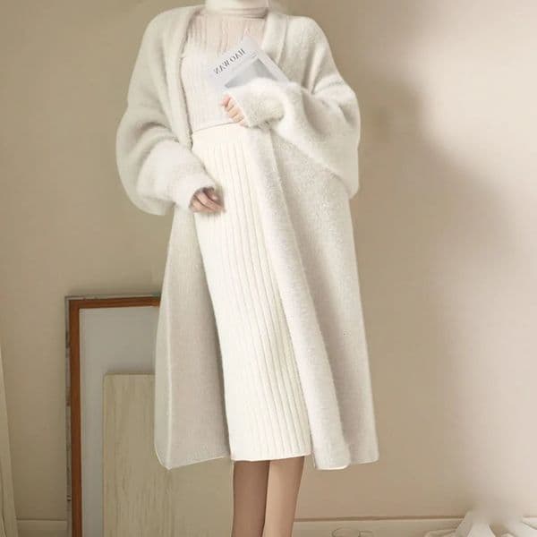 white Long Cardigan for women winter clothes Knitted fluffy long sleeve Cashmere sweater coat clotkorean style warm vintage 251013