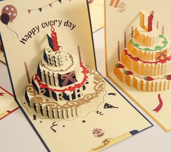 3D Colored Cake Birthday Greeting Card / Birthday Blessing Commemorative Card With Envelope / Small Card Sets Featuring Hand-Writable Area For Birthday Gift