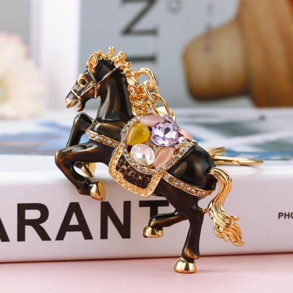 Lucky Wealth Creative Metal Rhinestone Horse Keychain Double-Sided Car Key Ring Cute Bag Charm Cartoon Key Chain Wholesale