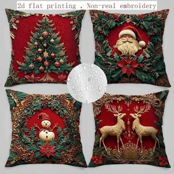 4pcs Luxury Christmas Covers Red Green Gold Poinsettia Holly Berry Print Zippered Washable for Sofa Bed Xmas Decor W251024