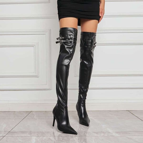 1Pr Women's Solid Color Knee-High Boots - Pointed Toe, Stiletto Heel, Zipper Closure, Faux Upper, Fabric Lining, Man-Made Insole & Sole