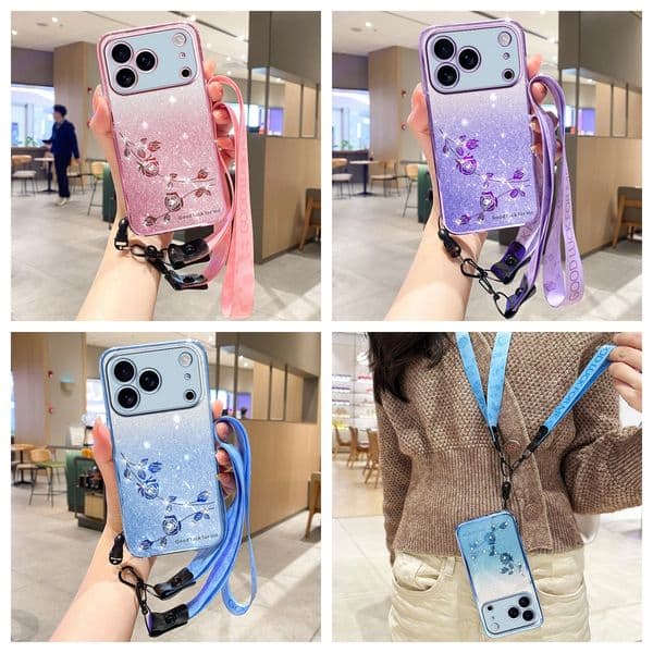 Luxury Gradient Glitter Diamond Flower Crossybody Strap Plating TPU Case For iPhone 17 Air 16e 16 15 14 13 12 11 Pro Max Samsung S25 Edge S24 FE S23 Ultra A16 A26 A36 A17 A07