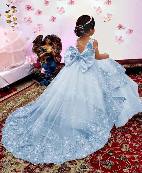 Sky Blue Princess Pageant Dress With Train Birthday Gown Kids Beaded Lace Flower Girl Dress Customized Wedding Party Frock 251023