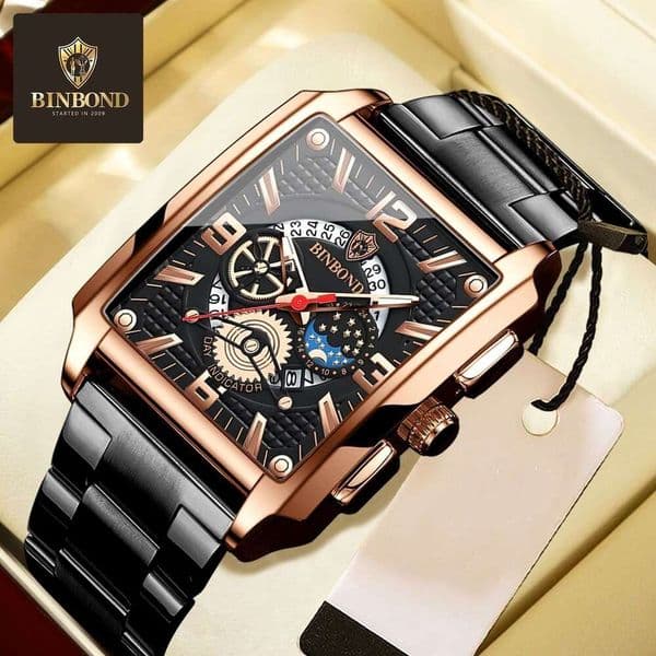 binbond Men's Square Calendar Waterproof Luminous Multifunctional Sports Gold Watch