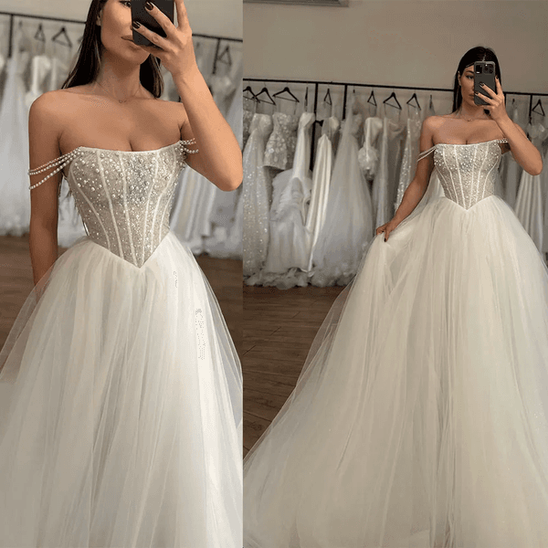 2026 Designer Pearls Straps Sequined Glittering A Line Wedding Dress For Bride Basque Waist Retro Bridal Gowns Romantic Tulle Sexy Strapless Robe De Mariee Youm