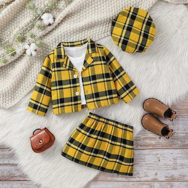 3Pcs Baby Gilrs Turndown Collar Plaid Shirt Fall Skirt Set For 13Y Fashion Outdoor Clothing WearHat 251023