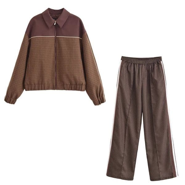 Two Piece Pant Set Loose and Fashionable Checkered Long Sleeved Lapel Zipper Spliced JacketLong Plaid Trousers 251021