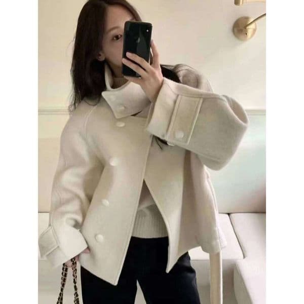 Women S Winter Faionable Korean Sle Retro High Collar Woolen Coat Versatile Ele Ort Length Single Button Closure
