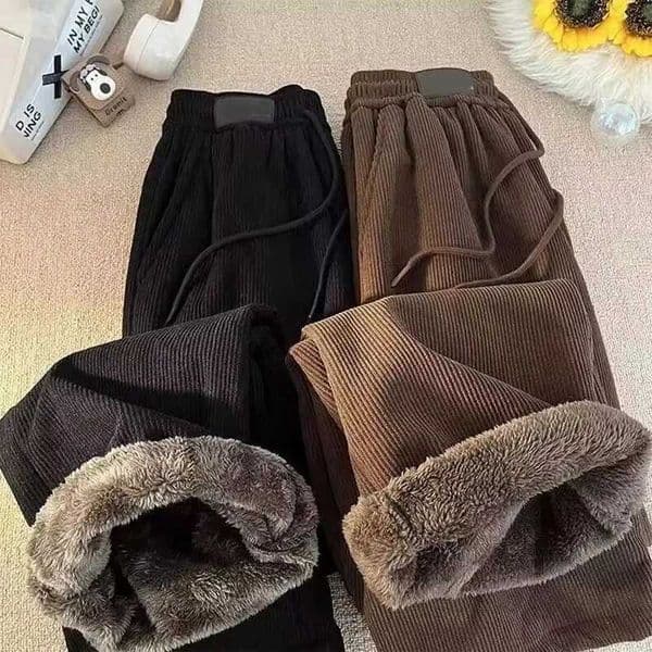 Wide Leg Corduroy Pants Women Winter Plush Thick Faux Woolen Drawstring Trouser American Vintage Loose Casual Warm SweatpantsT251025