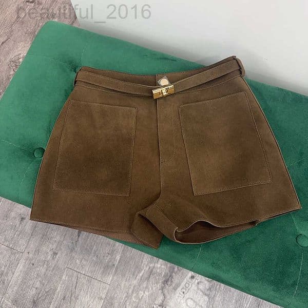 Women's Shorts designer Genuine Leather Sheepskin Suede 2025 Autumn Winter New High Waist Casual Pocket Wide Leg Pants F0ND