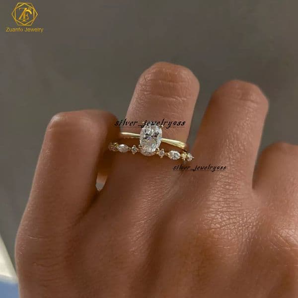 Customized Womens 14k 18k Solid Gold Wedding Engagement Band Ring with 1CT 2CT Oval Cut Lab Grown Diamonds Ring Set
