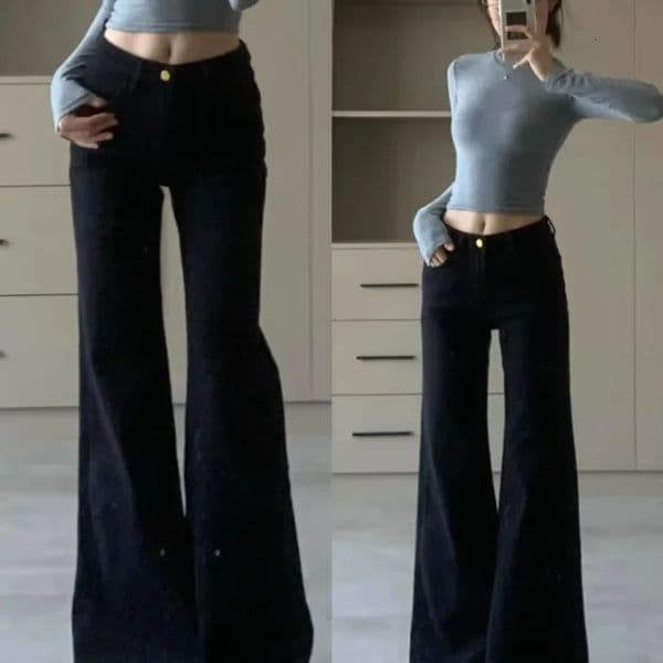 High Waist Loose Fit Bell Bottom Jeans Womens Black Slimming Denim Pants Spring Fashion Trend Wide Leg Casual Trousers 251024