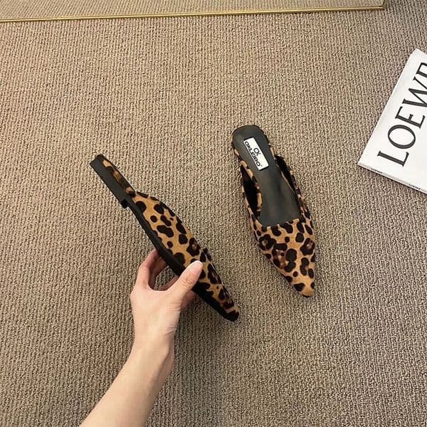 Women Slippers Pointed Toe Leopard Shallow Slip on Thin Low Heels Black Flock Casual Mules Loafers Black Outdoor 251023