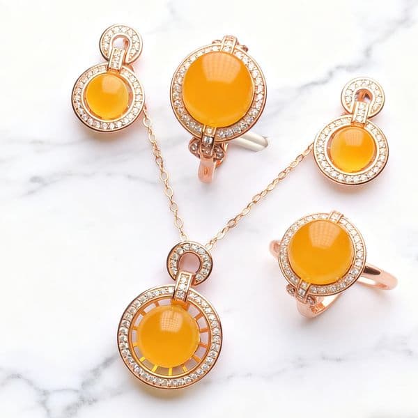 Eternal Love Amber Set: 3Pcs Openwork Jewelry with Natural Baltic Amber & White Stones in Sterling Silver, Romance Gift