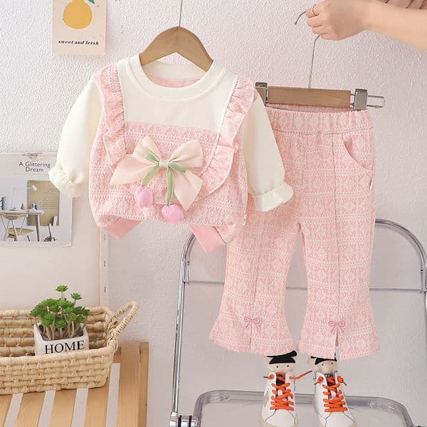 2026 New Luxury Kids Clothing Girls 2025 Tulip Bow 2-Piece Set, Spring Autumn Fashion Outfit Baby Girl, Cute Toddler Clothes For Little Girls Designer