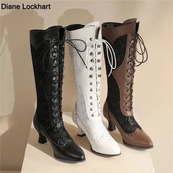 Women Victorian Pointed Toe MidCalf Boots Leather Lace Hollow Out Punk Lace Up Strange Steampunk High Heel Shoes Plus Size3243 251023