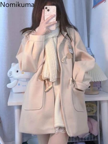 Preppy Style Wool Coat Women Japanese Blends Ropa Mujer Hooded Solid Color Oversized Outwear Casual Fashion Thick Jackets 251020