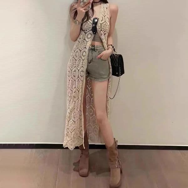 Longline Crochet Cardigan Button Front Sleeveless Sheer Openknit Long Coverup Jacket Women Summer Beach Vacation Outfit 251015