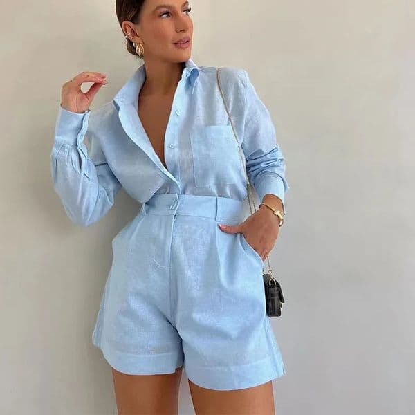 Womens Long Sleeve 2Piece Set Casual Button Detail Shorts Outfit with Shirt Top Summer Fashion Female Suit 251013