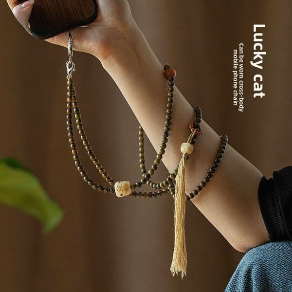 New retro style natural green sandalwood horizontal mobile phone pendant Bodhi Lucky Cat phone chain durable anti drop mobile phone pendant