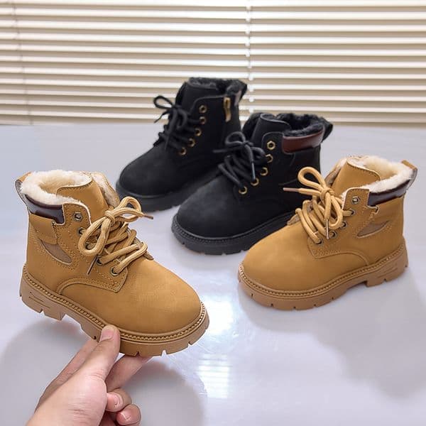 Boy Short Boots Fashion Design Toddler Kids Snow Boots Girl Children's Side Zipper Leather Warm Plush Boots Happysteps Winter Shoes Sizes US5.5C-US12.5C H1218