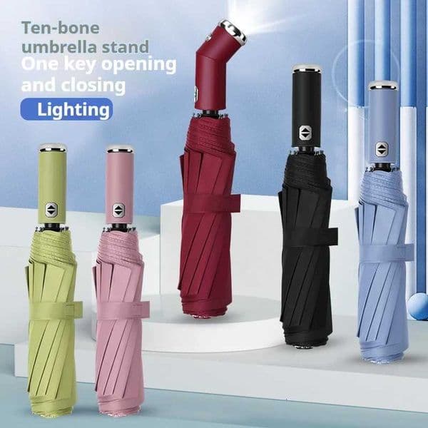 10 bone fully automatic three fold umbrella rotatable LED flashlight business wind resistant folding umbrella sunny umbrella C251027 K260224