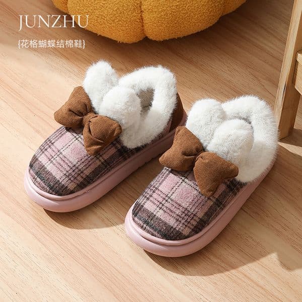 2025 New Cute Bunny Bow Shoes Home Indoor Girly Plaid Cotton Slippers
