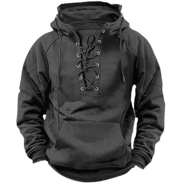 Mens RetroStyle LaceUp Hooded Sweatshirt LooseFitting LongSleeved Pullover Pure Color Design for Autumn Winter Hoodie W251027