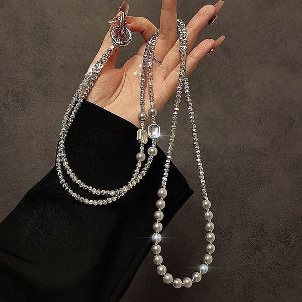 New luxury high-end silver long slanted phone chain fashionable niche pearl bead pendant trendy phone pendant decoration