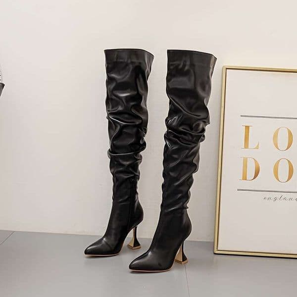 Women's Synthetic Cover Over-The-Knee Horseshoe Heel Side Zipper With Golden Buckle-Like Accent, Pointed Toe Stiletto Heel, Mule-Style Opening, Hand Washable