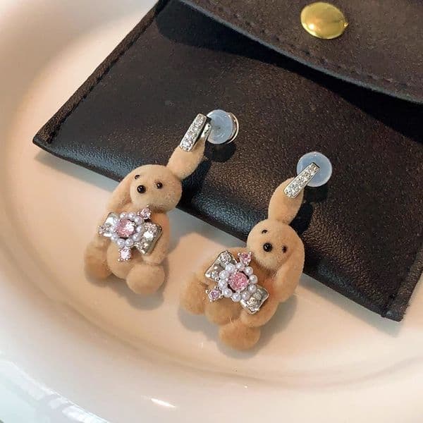Fashion Cute Plush Bunny Earrings for Women's Autumn&Winter Bow Pearl Flowers Exquisite All-match Jewelry Girls Christmas Gifts