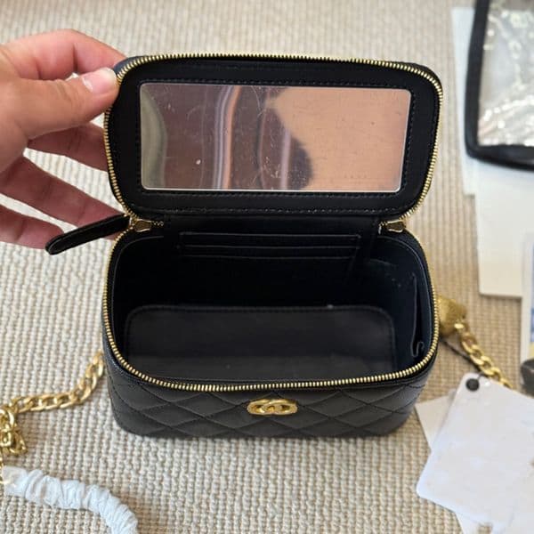Unique Designer Long Box Vanity Bag with Heart-Shaped Orb, Golden Hardware & Grained Cowhide, Black and Gold Clutch