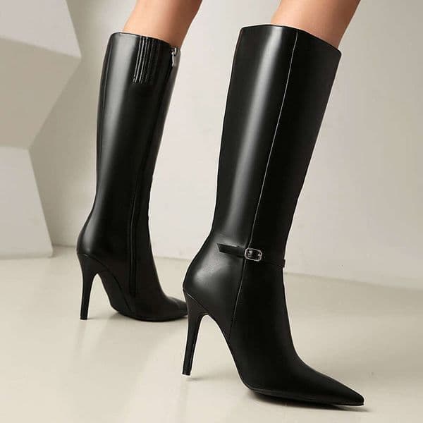 Black High-Heeled Square Buckle Decorative Side Zipper Knee High Boots
