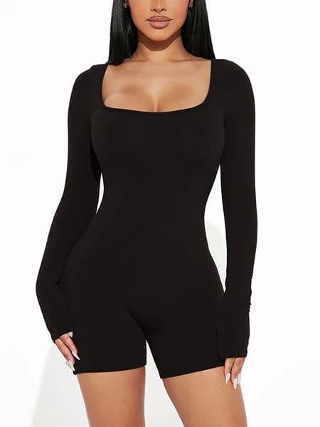 Spring and Summer Fashion Womens Long Sleeve Jumpsuit Shorts Sexy Slim U Neck 251027