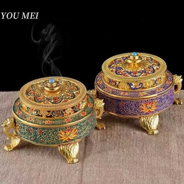 Buddhism Hall Enamel Painted Incense BurnerAlloy Incense StoveAromatherapy Stove Sandalwood Coil Censer Buddhist Item 35 inch Z251028