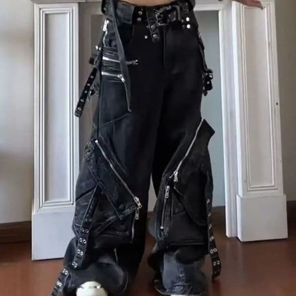 Black Gothic Punk MultiPocket Zipper Black Jeans Men And Women Y2K American Baggy Fashion Vintage Casual Loose WideLeg Jeans 251028