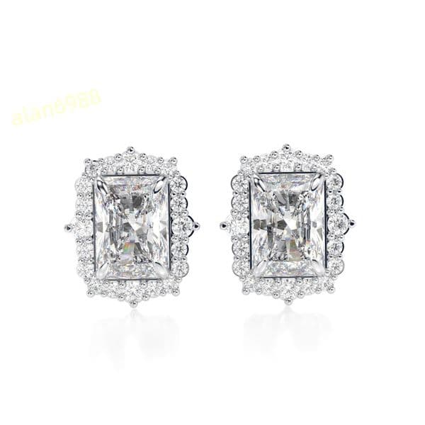 Radiant Cut Diamond Halo Style Stud Earrings For Women