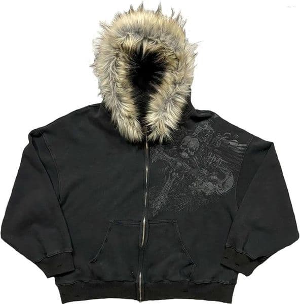 Men's Hoodies 2000s Vintage Therian Fur Hood Jacket Goth Zip Up Hoodie Oversized Graphic Sweatshirt Emo Grunge Streetwear Fall Winter