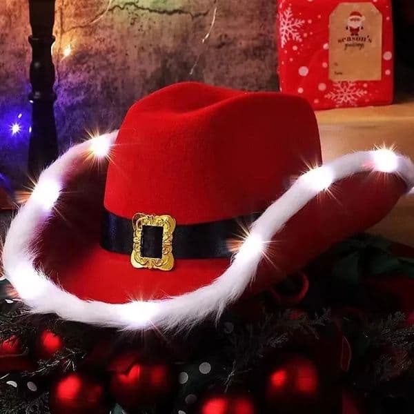 Fashion Santa Claus Party Christmas Luminous Cowboy Hat Western Red Felt Hats Wide Brim Cowgirl Hat Jazz Hat for Women Men 251028