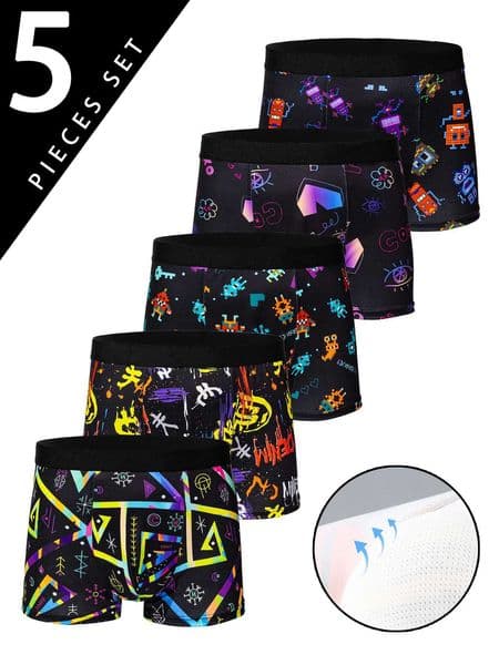 5pcs Mens trendy graffiti pixel cyberpunk print boxer underwear comfortable and casual and fashionable boxerT251028