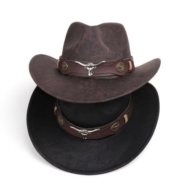 Fashion Cow Head Decorate Western Cowboy Hat Faux Leather Vintage Gentleman Jazz Hats For Men Panama Cowgirl Hat 251028