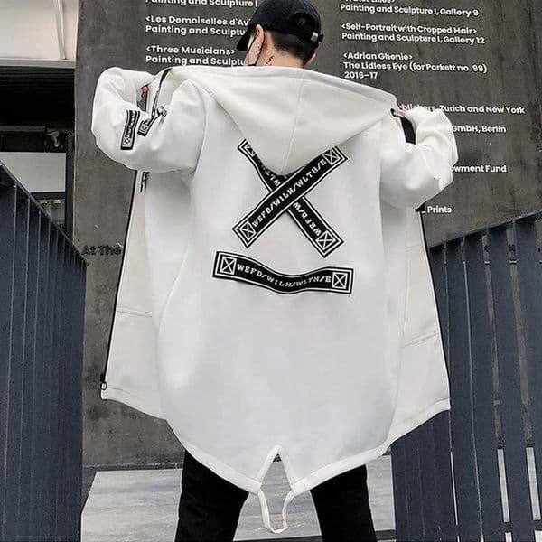 Autumn Men Windbreaker Jacket Black White Fashion Hip Hop Streetwear Long Overcoat Punk Gothic Hooded Trench Coat Men Clothes X251028