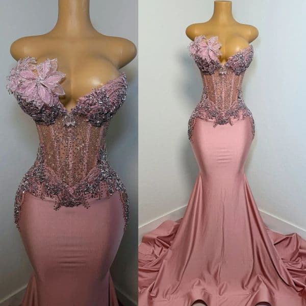 Blush Pink Mermaid Plus Size Prom Dresses 2025 Crystals Florals Satin Evening Formal Party Second Birthday Engagement Gowns Dress For Special Occasions ZJ034