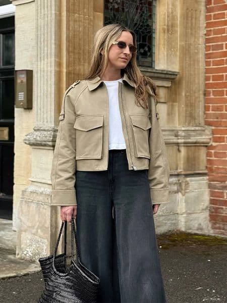Vintage Womens Short Jacket Pockets Zipper Full Sleeve Khaki Green Thick Coats 2025 Spring Autumn Lady Loose Street Outwear 251028